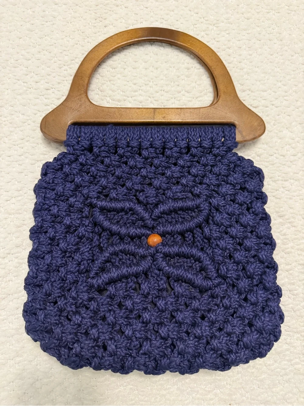 Vintage Handmade Macrame Handbag Brown Wood Handles Blue Purse - Picture 3 of 10